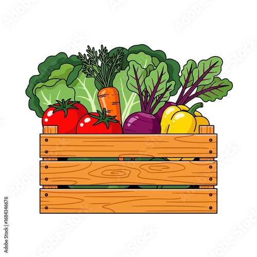 Vector art of fresh organic vegetables in a wooden crate, including tomatoes, carrots, lettuce, beets, and bell peppers