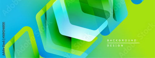 Abstract geometric shapes overlap, creating vibrant blue, green gradients. Modern design suggests technology, innovation, energy.