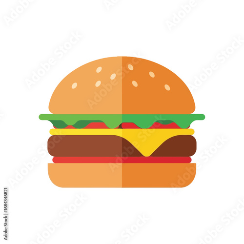 Vector art of a delicious and juicy cheeseburger with lettuce, tomato, cheese, and a sesame seed bun, isolated on a