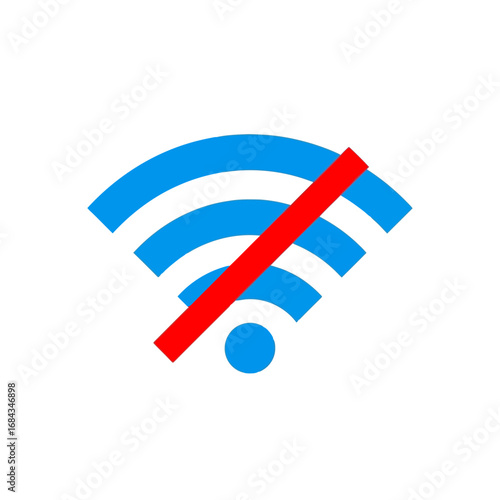 Vector art of no wifi signal icon with a red diagonal line through it, isolated on a, symbolizing loss of internet connection or network failure