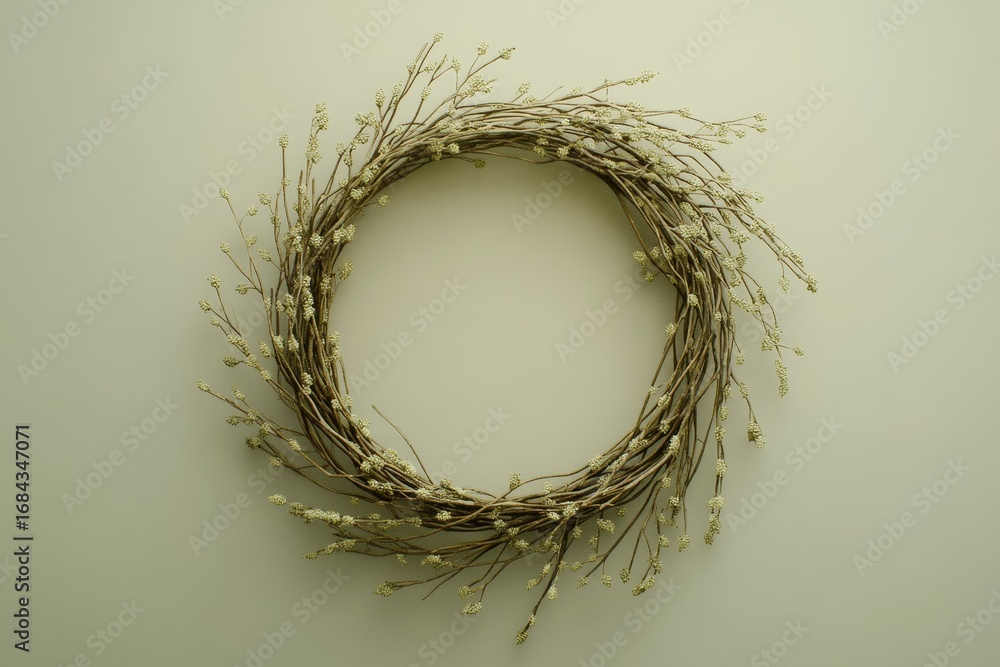 Fototapeta premium A circular wreath of dried twigs and small, light-colored flowers sits against a neutral backdrop, creating a tranquil and simple aesthetic.