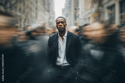 Wallpaper Mural Stylish black man confidently stands amidst blurred commuters on a bustling city street. Concept for urban lifestyle, career aspirations and individual resilience in a dynamic environment Torontodigital.ca