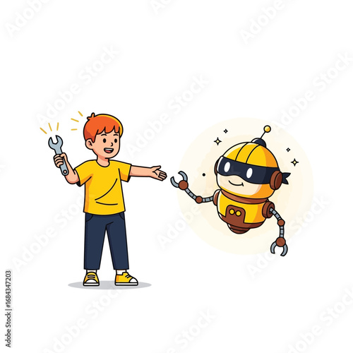 Vector art of young boy with wrench reaching out to a friendly robot head