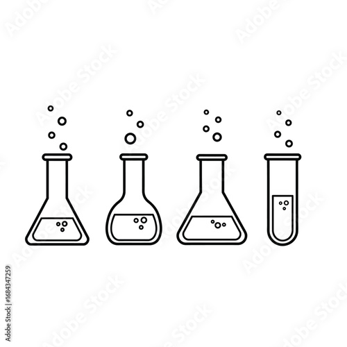 Set of four science beakers and test tube with bubbles vector