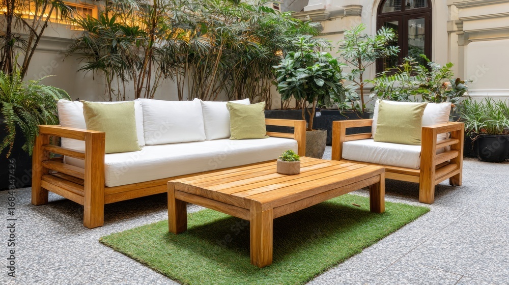 Fototapeta premium Relaxing Outdoor Patio Set in Lush Greenery
