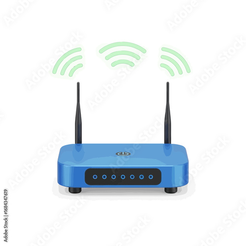 Vector art of blue wireless router with antennas and glowing wifi signal icons