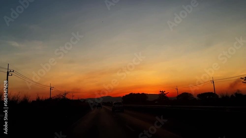 landscape on the road in evening sky