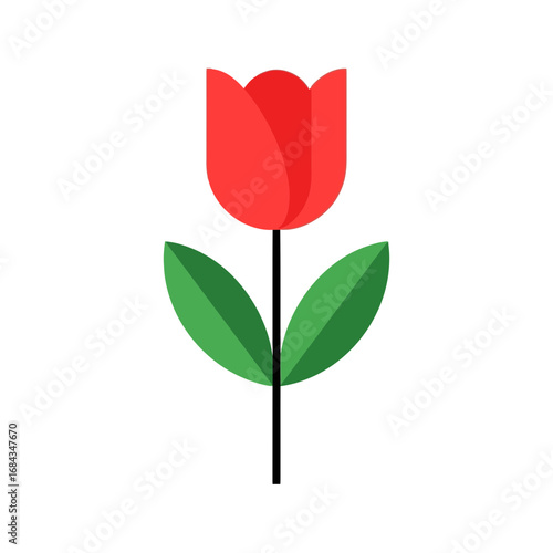 Vector art of a simple, stylized red tulip with two green leaves on a black stem, isolated on a, representing spring and nature