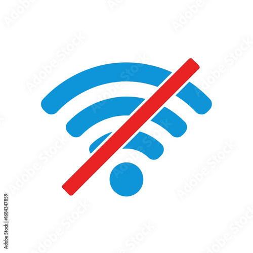 Vector art of no wifi signal icon with a red diagonal line indicating disconnection or absence of wireless internet connection