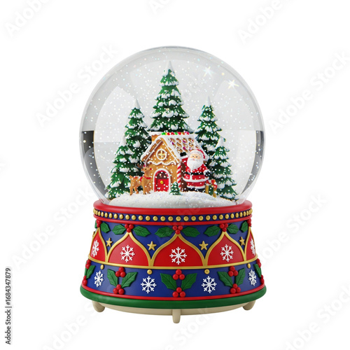 Magical Christmas snow globe scene Santa, gingerbread house, trees, and reindeer creating festive holiday joy