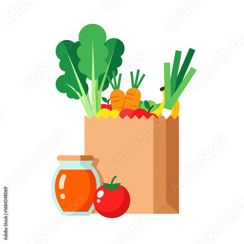 Vector art of a brown paper grocery bag filled with fresh vegetables and fruits, including lettuce, carrots, and apples, next to a jar of honey and a tomato
