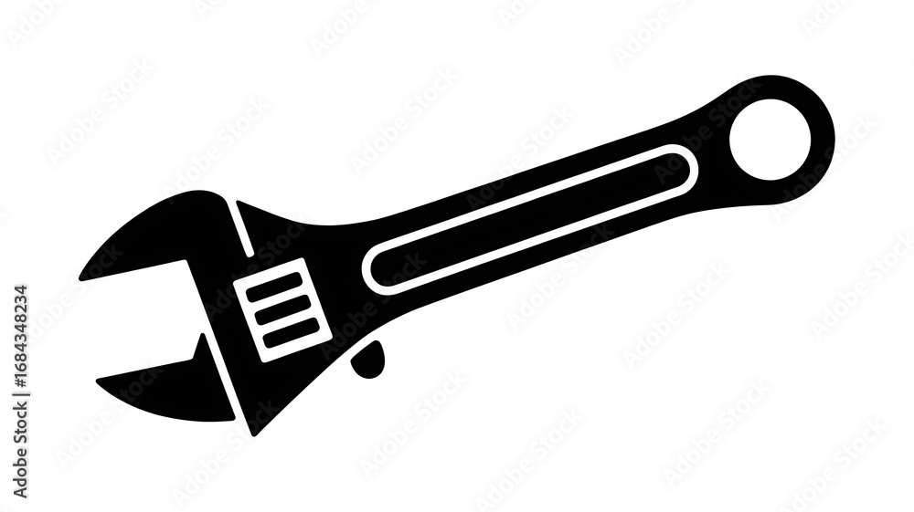 Obraz premium Black and white illustration of an adjustable wrench, a common hand tool for mechanics and DIY projects, isolated on white background for industrial design or repair concepts