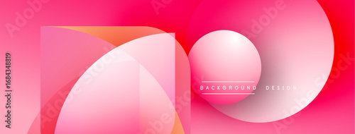 Abstract pink design features overlapping circles, squares. Gradient hues create modern visual impact. Minimalist aesthetic, clean lines present.