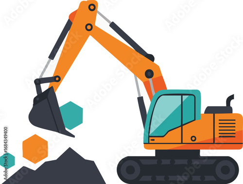A modern vector illustration features a powerful orange and teal excavator diligently digging into a dark pile, extracting colorful abstract hexagonal data.