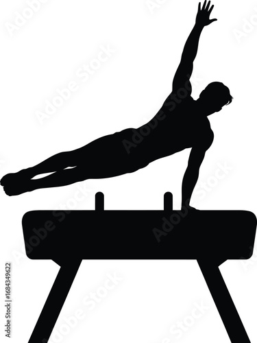 Male gymnast performing on pommel horse gymnastics