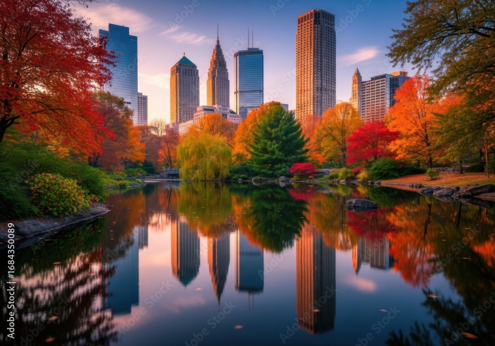 Obraz premium Vibrant Autumn Foliage Reflecting in a Serene City Pond