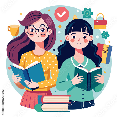Vector art of two young women are reading books together, surrounded by school supplies, symbolizing knowledge, learning, and friendship
