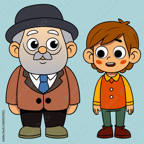 Vector art of cartoon illustration of a grandfather and grandson standing side by side on a blue background, smiling and looking at the viewer