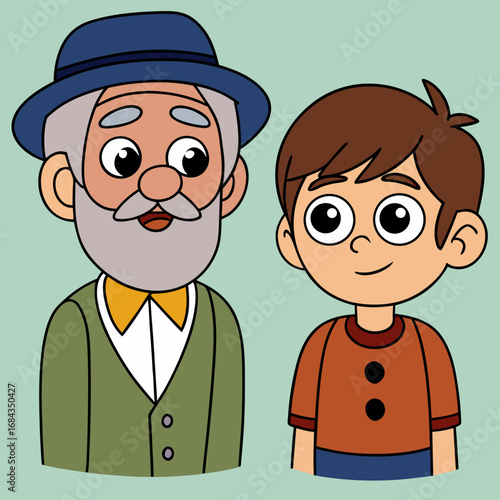 Vector art of cartoon illustration of a grandfather and grandson standing side by side on a blue background, smiling and looking at the viewer