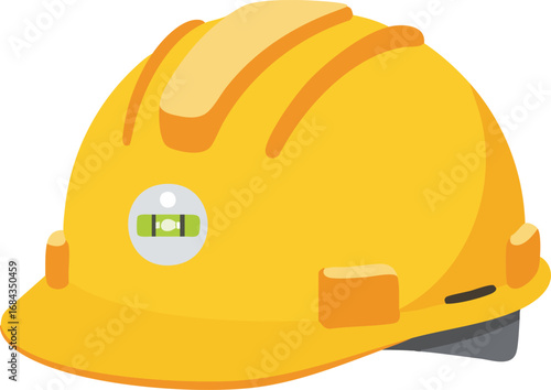 A bright yellow construction hard hat, equipped with a spirit level indicator, symbolizes safety and precision in industrial and building environments.