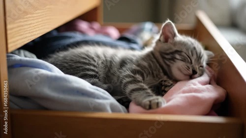 Wallpaper Mural Cute kitten sleeping peacefully in a wooden drawer surrounded by soft clothing, a heartwarming scene of feline comfort and relaxation in a cozy, indoor setting Torontodigital.ca