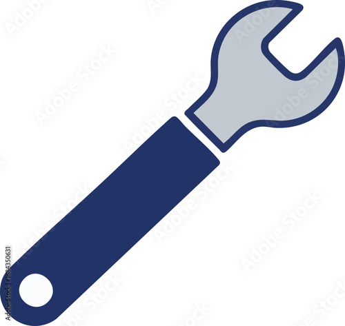 A sleek, modern illustration of a grey and dark blue wrench, symbolizing repair, maintenance, and essential mechanical work, set against a clean white background.