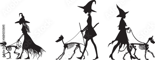 Halloween witch walking with skeleton dogs silhouettes vector illustration design