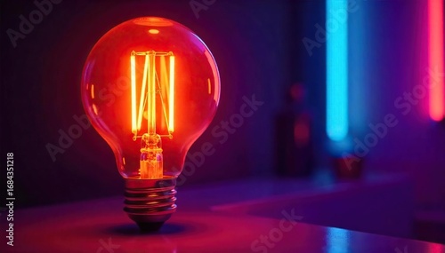 Close-up of a glowing neon lightbulb, vibrant and colorful against a dark background  Perfect for retro, electric, and nightlife themes  Intense illumination and bold color saturation ,  power,  tube