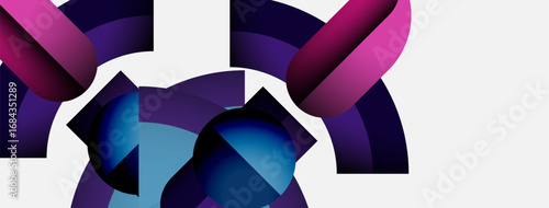 Abstract shapes overlap, creating dynamic composition. Purple, blue, pink hues dominate white background. Modern design elements present.