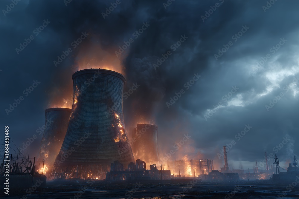 Devastated nuclear power plant engulfed in flames under a stormy sky, concept for environmental disaster awareness, climate change visuals and post-apocalyptic scenarios Devastated nuclear power plant engulfed in flames under a stormy sky, concept for environmental disaster awareness, climate change visuals and post-apocalyptic scenarios