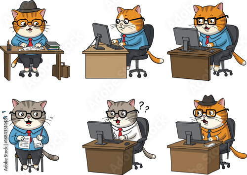 Cartoon office cats working at desks, using computers, reading documents, business attire, workplace stress, confused, professional, funny feline illustration
