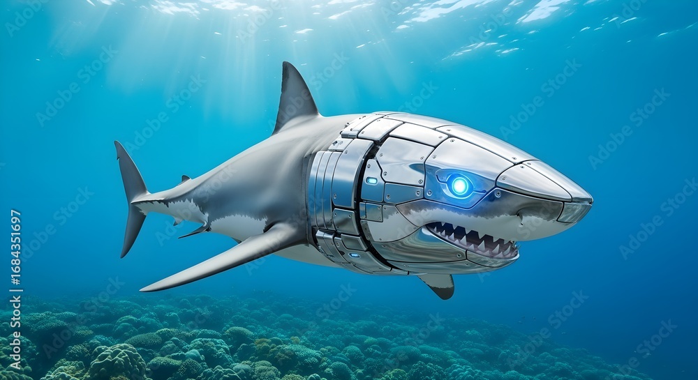 Naklejka premium Advanced cybernetic shark with a glowing blue eye swimming through sunlit blue ocean waters above a coral reef