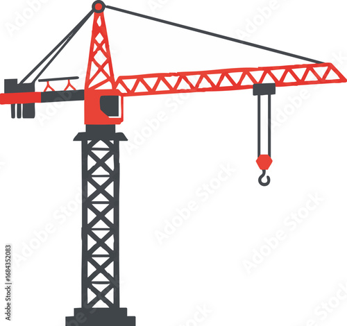 A modern, red and black tower crane stands tall, symbolizing the ongoing progress and development of urban construction projects and heavy industry.