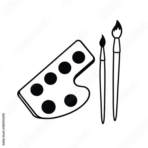 Artist's paint palette and brushes hand-drawn style vector