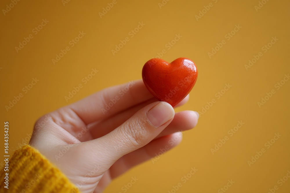 Fototapeta premium A small, vibrant red heart is held gently in a hand against a warm, muted mustard yellow backdrop.