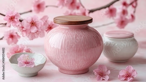 In pink background, there is a pink textured pottery jar with wooden lid, along with a white pottery jar and a small dish with pink flowers. Pink flowers are scattered around, and pink flower branches