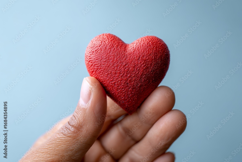 Fototapeta premium A small, textured, red heart is gently held in a hand against a light, calming background.