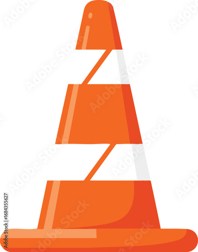 This vivid orange traffic cone, featuring bright white reflective stripes, serves as a clear warning sign for roadwork, construction, and pedestrian safety.