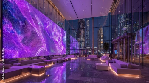 Modern Night City Lounge With Purple Led Wall Display
