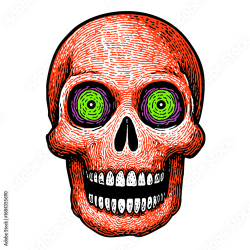 red skull with swirling green eyes in an etching style