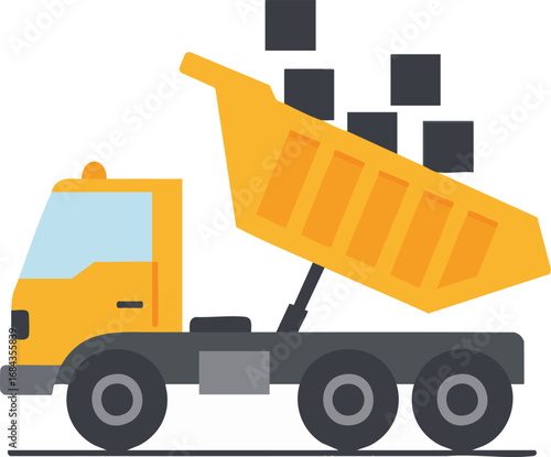 A vibrant yellow cartoon dump truck is actively unloading dark square blocks, symbolizing construction, material transport, and industrial work with a simple, clean design.