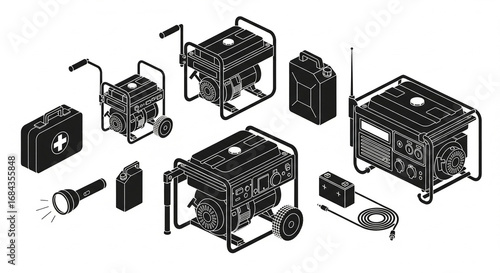 Emergency power and survival kit with portable generators, first aid, and communication devices, isolated transparent background