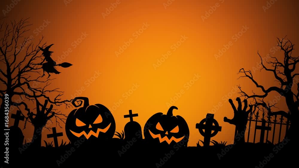 Dark Halloween night scene with flying witch on broomstick, glowing pumpkins, creepy graveyard, tombstones, dead trees, and zombie hands. Spooky background for horror, holiday, and party concept