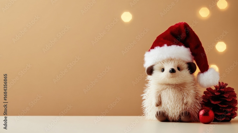 Fototapeta premium Hedgehog wearing holiday hat beside decorative pine cone and ornament