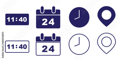 Address time date icons set. Address location icon. Clock icon. Calendar icon. Time, date and address icon set. Calendar, clock, location. Editable stroke. Essential Time and Place Icon Collection.