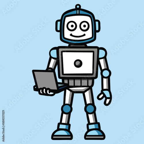 Cute Cartoon Robot Holding Laptop Vector Illustration
