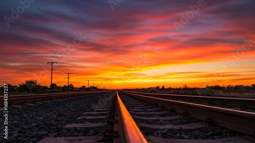 A dramatic sunset illuminates the silhouette of a train on a country railroad track.