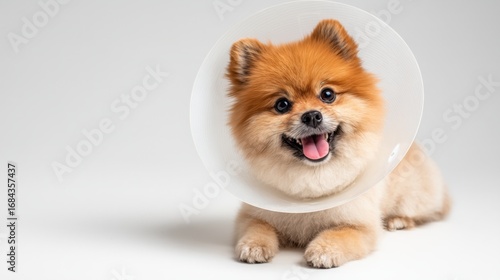 Small Pomeranian dog wearing a cone of shame, happily lying on a white background during a calm indoor moment.