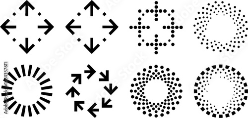Vector collection of abstract graphic elements including arrows in various arrangements and circular dot patterns