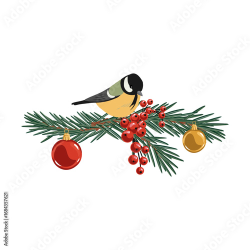 vector drawing Christmas composition, great tit bird at fir branch with green needles, holly red berries and glass balls, hand drawn illustration